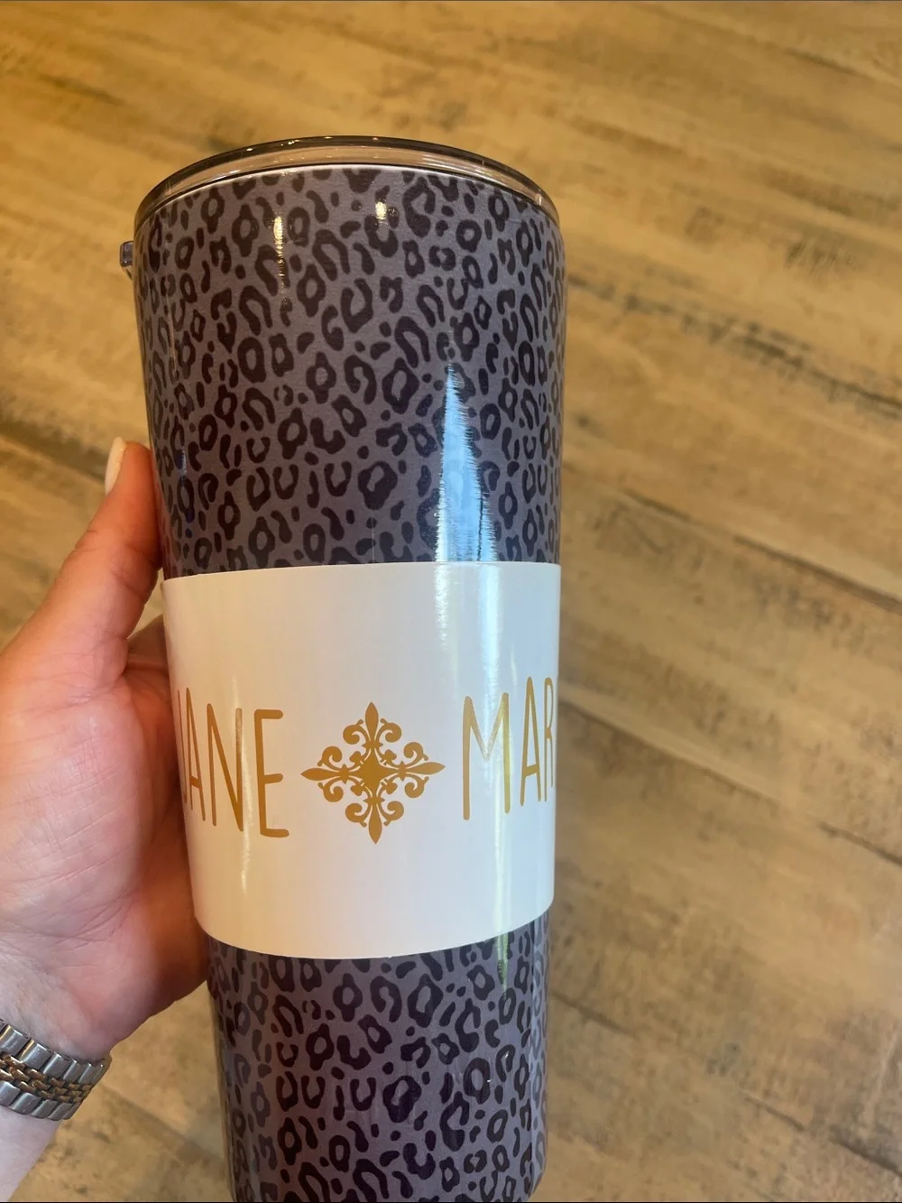 Jane Marie Leopard Print Travel Tumbler in Dark Gray